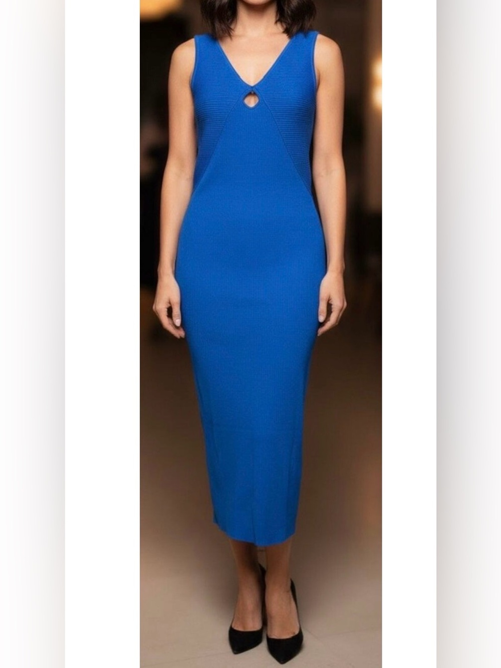 Camila Coelho Midi Dress Blue Ribbed V-neck Cut Out Detail